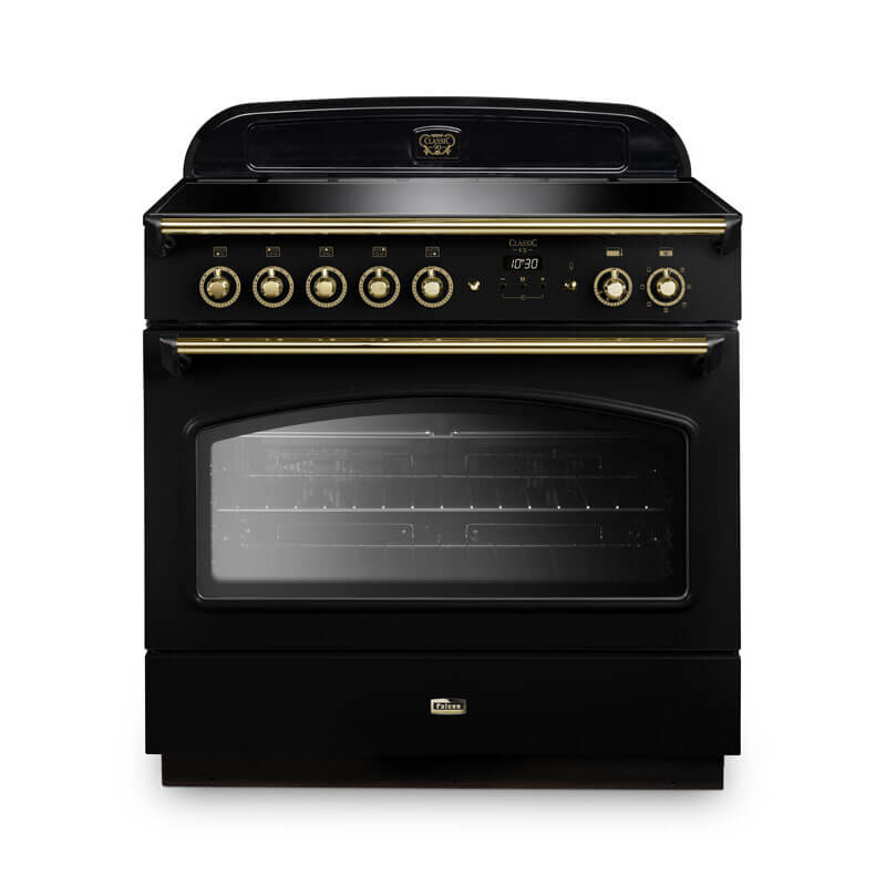 Falcon Classic Fx 90cm induction range cooker in black and brass, designed for precision and style in your kitchen