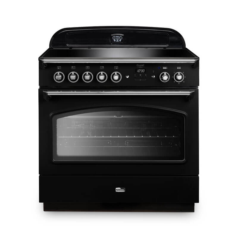 Falcon Classic Fx 90cm induction range cooker in black and chrome, perfect for sleek and powerful cooking solutions