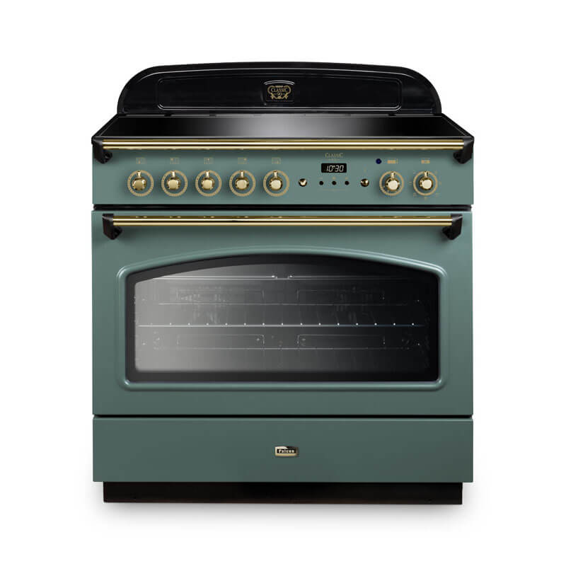 Falcon Classic Fx 90cm induction range cooker in mineral green and brass for efficient and stylish cooking