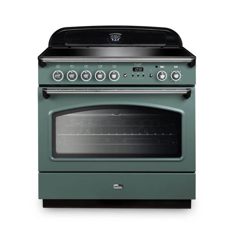 Falcon Classic Fx 90cm induction range cooker in mineral green and chrome for sleek, energy-efficient cooking