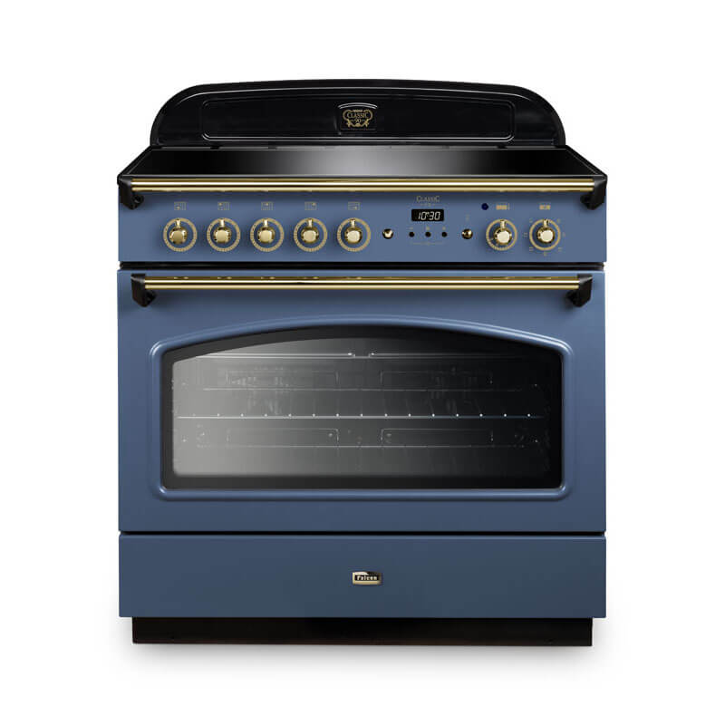 Falcon Classic Fx 90cm induction range cooker in stone blue and brass for advanced cooking performance