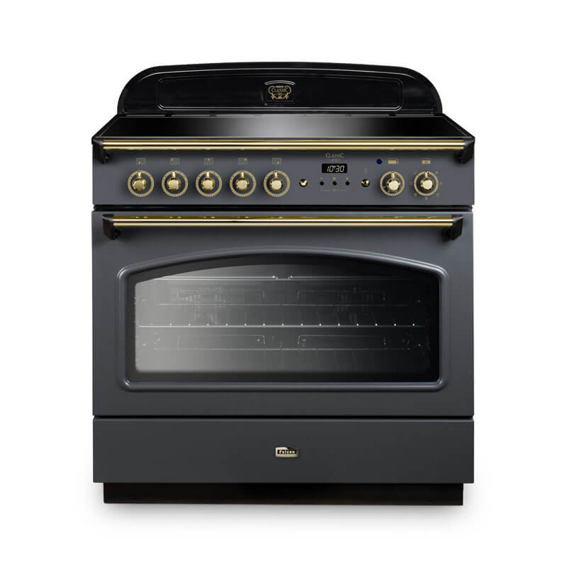 Falcon Classic Fx 90cm induction range cooker in slate and brass, combining timeless elegance with modern cooking technology