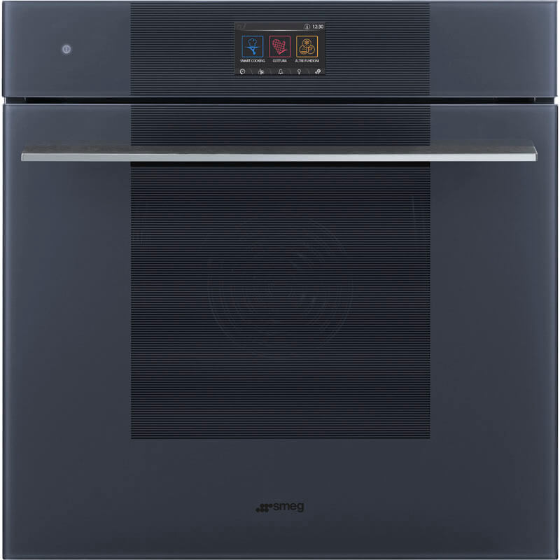 Smeg Linea Omnichef Neptune Grey SO6104APG kitchen appliance in sleek design, showcasing modern craftsmanship in a home kitchen setting.