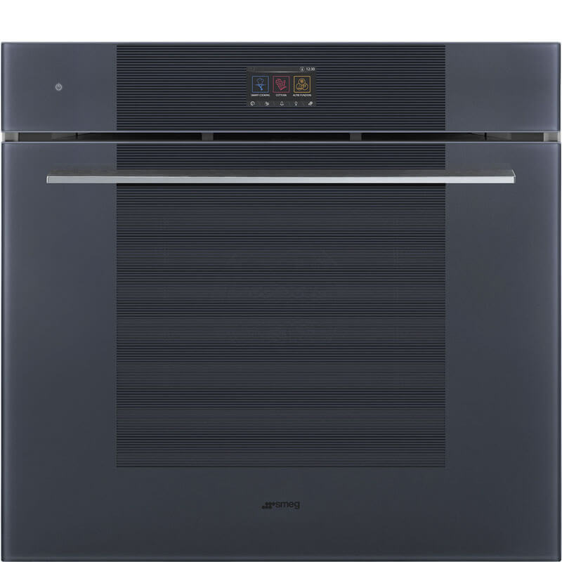 Smeg Linea 76cm Pyrolitic Oven with Touch Control, model SOPA3104TPG, showcasing a sleek stainless steel design in a modern kitchen setting.