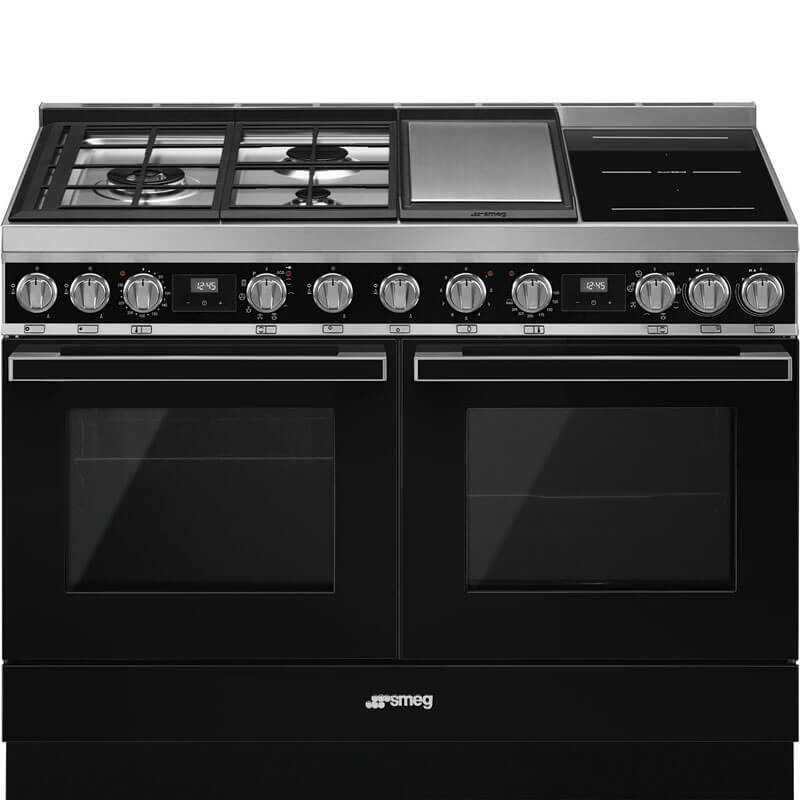 Black Smeg Portofino CPF120IGMPBLA 120cm Gas Upright Cooker with stainless steel details, freestanding design, and multiple cooking functions.