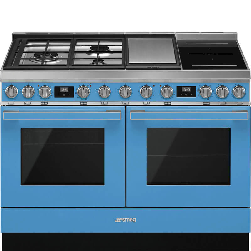 Smeg Portofino CPF120IGMPTA 120cm Gas Upright Cooker in Turquoise with stainless steel oven and cooktop