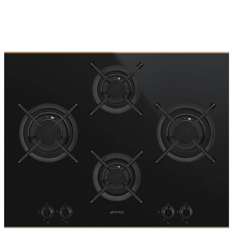 Smeg Dolce Stil Novo 60cm 4 Burner Gas Glass Cooktop | Model PV664LCNRAU - Sleek black glass design with brass burner accents and elegant controls, perfect for modern kitchens.