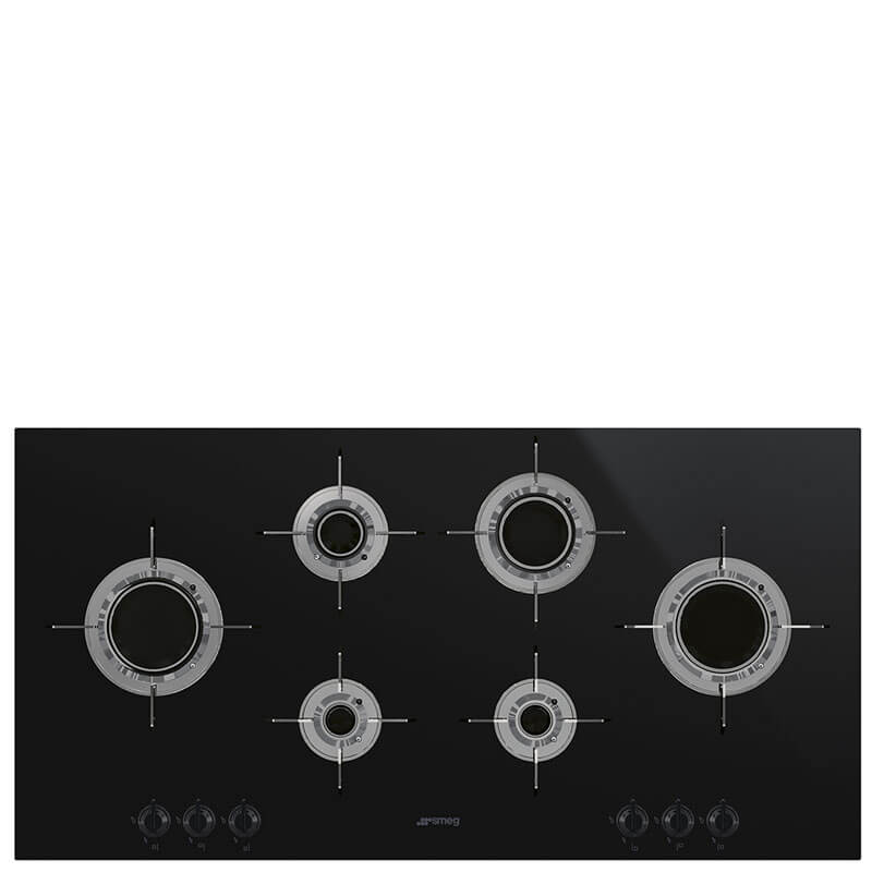 Smeg Dolce Stil Novo 100cm 6 Burner Black Gas Cooktop - PVL6106CNAU featuring a sleek black design with brass burner accents.