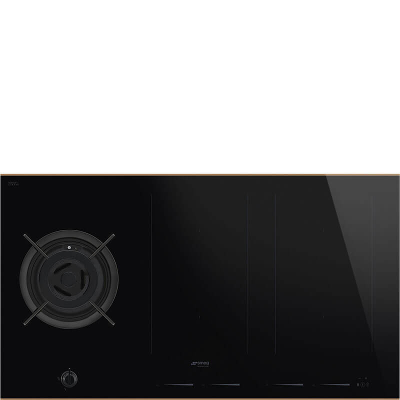 Smeg Dolce Stil Novo 90cm Hybrid Hob Cooktop with Copper Trim (SAIG6954R), showcasing its sleek design and advanced features.