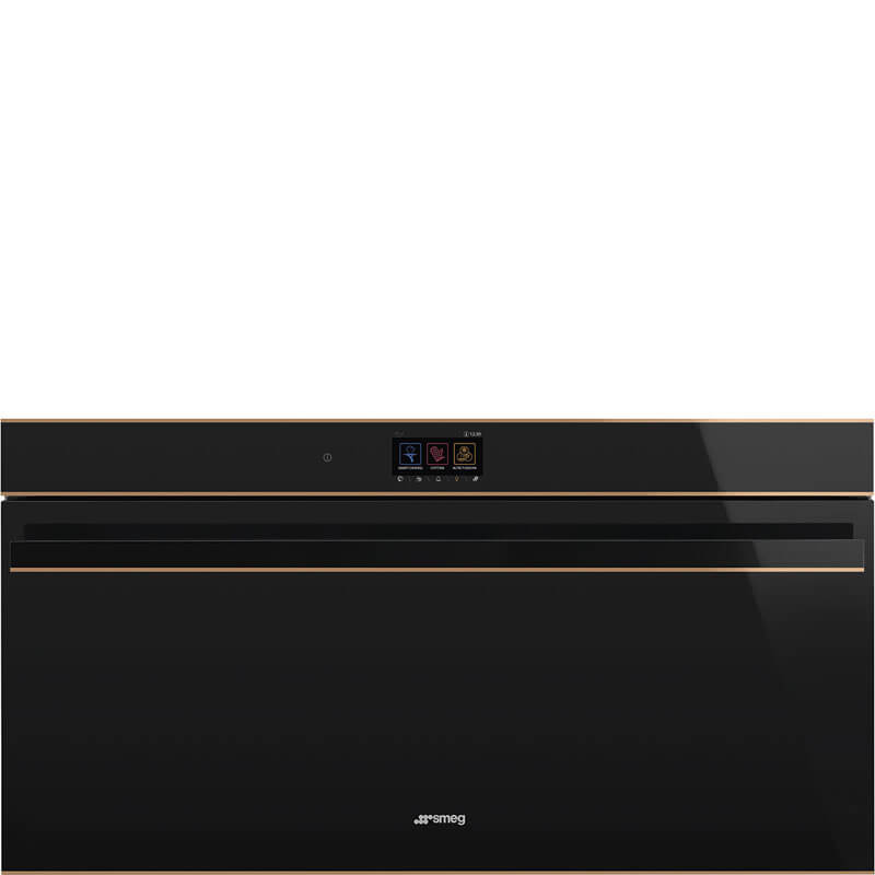 Smeg Dolce Stil Novo 90cm Pyro Touch Oven in Black with Copper Trim, model SFPR9604TNR, showcasing a sleek, modern design that enhances any kitchen space.