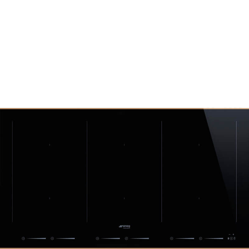 Smeg Dolce Stil Novo 90cm Multizone Induction Cooktop with Copper Trim (model SIM6964R), showcasing its sleek design and modern features.