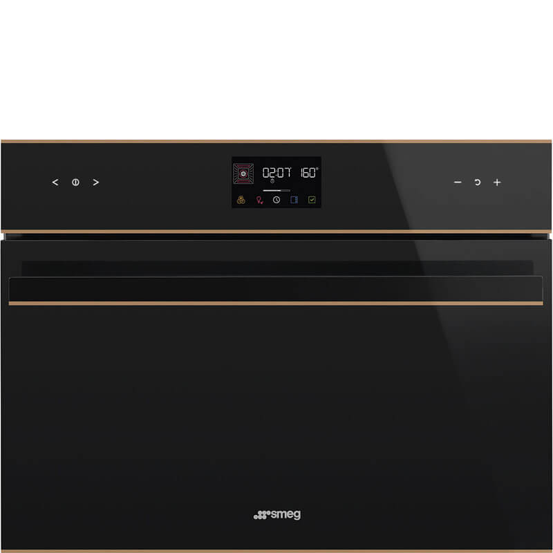 Smeg Dolce Stil Novo 45cm Speed Oven in Black with Copper Trim (model SOA4602M1NR), showcasing its sleek design and modern features.