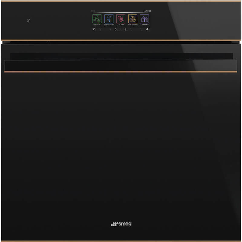 Smeg Dolce Stil Novo (SOA6606M2PNR) 60cm Speedwave Oven in black with copper trim, showcasing modern kitchen appliances design.