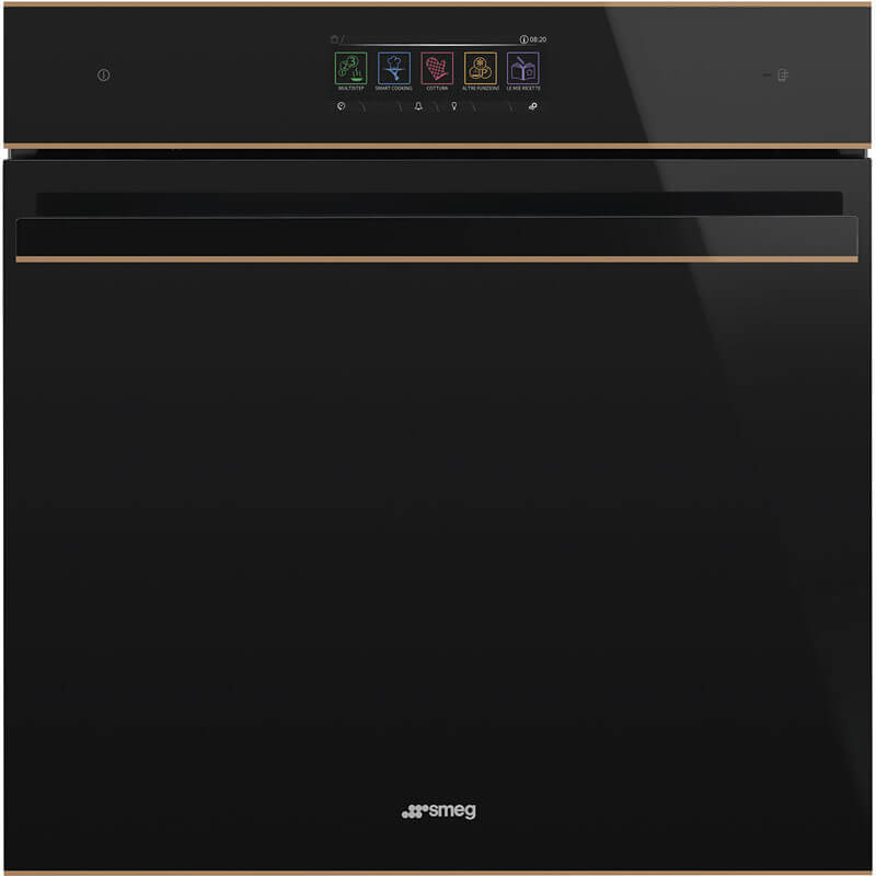 Smeg Dolce Stil Novo 60cm Omnichef (SOA6606WAPNR) in black with copper trim, showcasing sleek design and functionality.