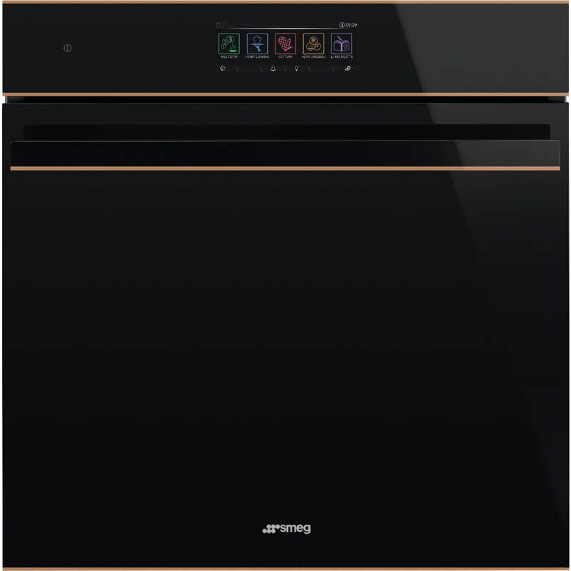 Smeg Dolce Stil Novo 60cm Pyro Touch Steam Oven in Black with Copper Trim, Model SOPA6606S2PNR.