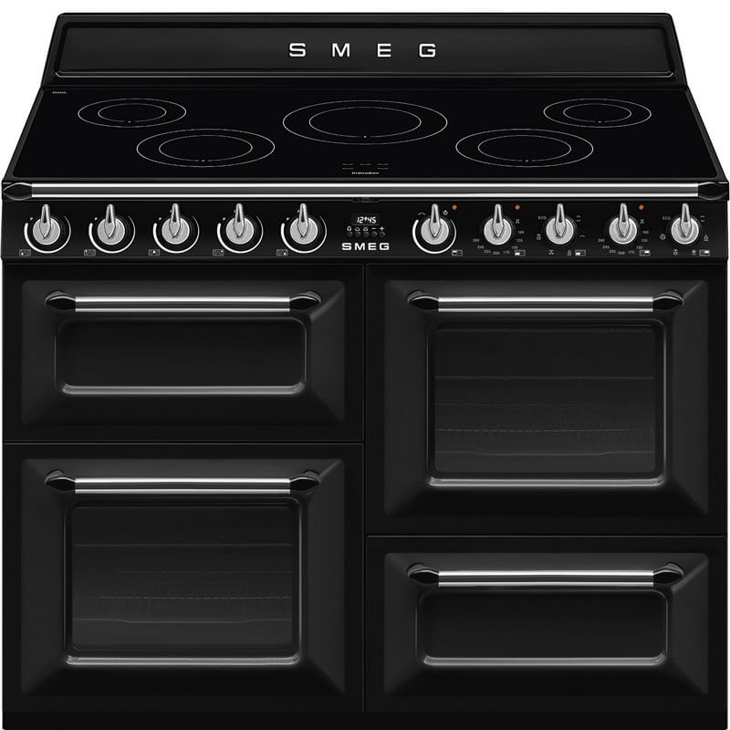 Smeg Victoria Black Induction Freestanding Cooker TR4110IBL2, showcasing a stylish design with sleek knobs and a modern induction cooktop.