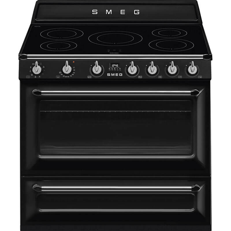 Smeg Victoria 90cm Black Induction Freestanding Cooker | TR90IBL2 in a modern kitchen setup.