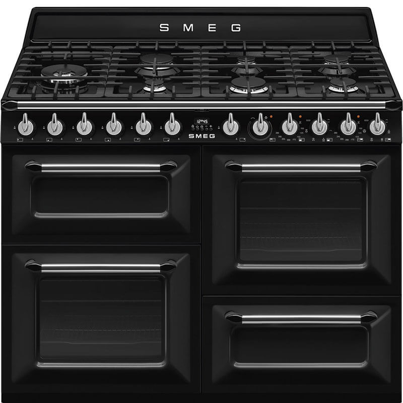 Smeg Victoria Black Dual Fuel Gas Hob Freestanding Cooker TRA4110BL, showcasing its elegant design and features.