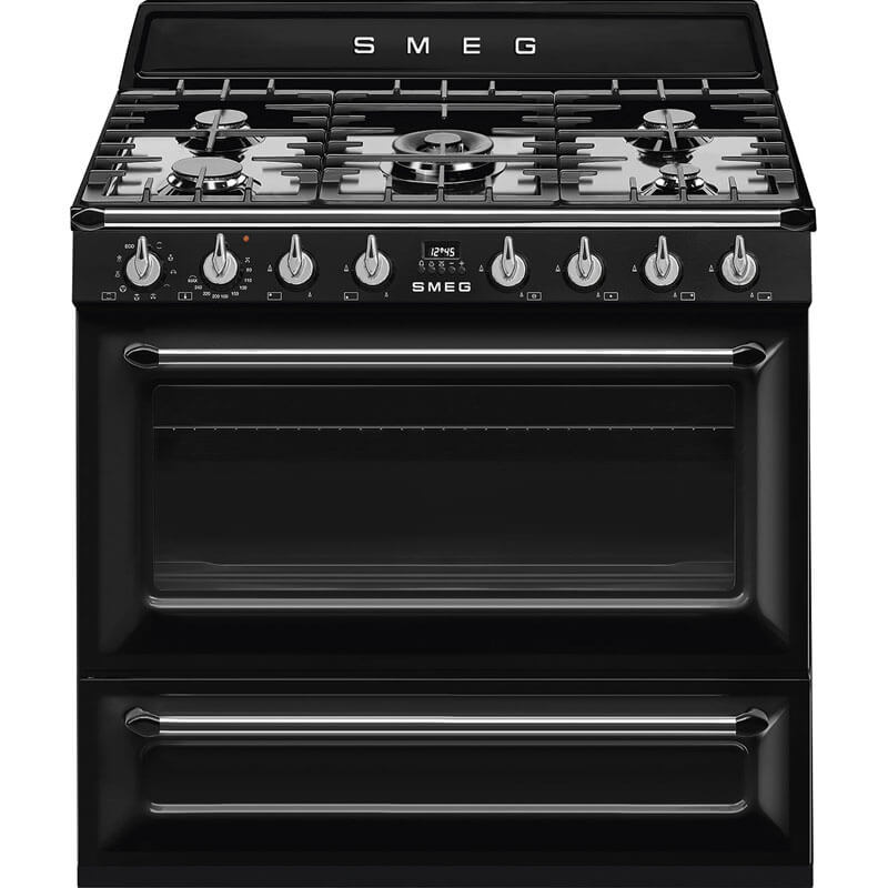 Smeg Victoria Black Dual Fuel Gas Hob Freestanding Cooker TRA90BL2 showcased in a modern kitchen setting.