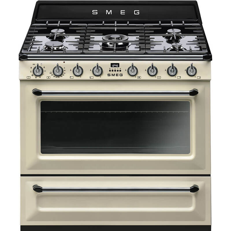 A sleek Smeg Victoria Panna Dual Fuel Gas Cooker (TRA90P2) in cream color, showcasing its retro design and modern features, perfect for any kitchen setting.