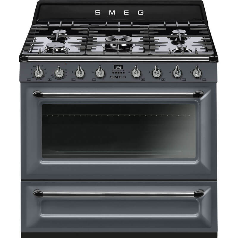 Smeg Victoria Slate Grey Dual Fuel Gas Cooker TRA90SG-9 in a modern kitchen setting, showcasing its elegant design and functionality.