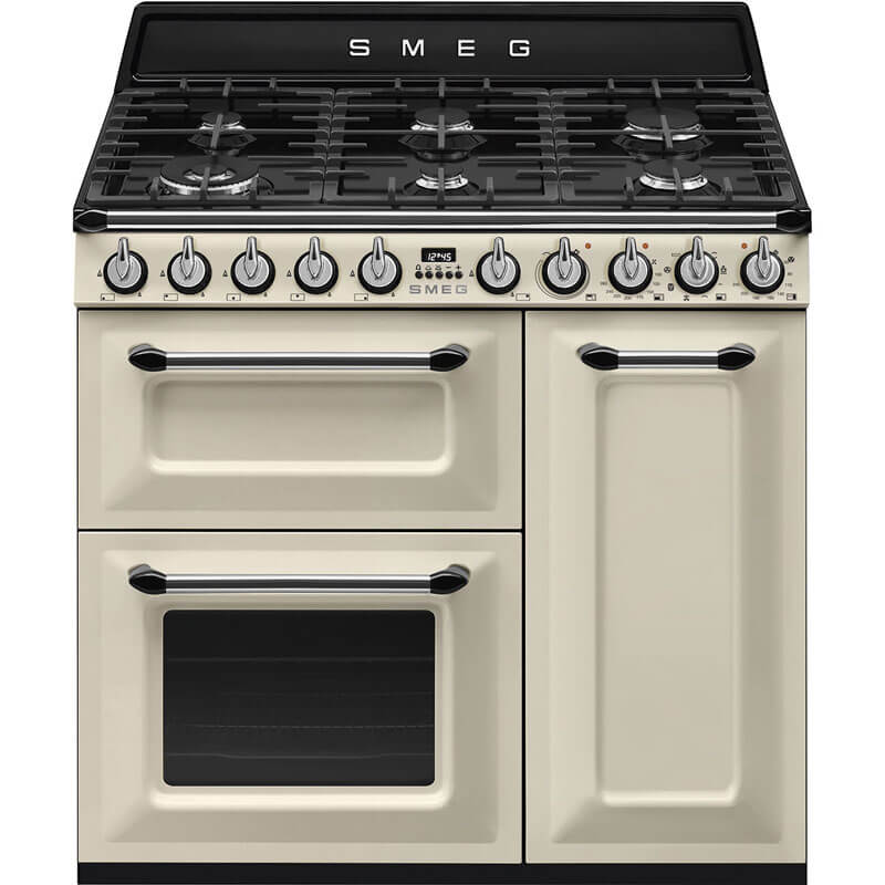 Smeg Victoria Panna Dual Fuel Gas Cooker TRA93P with classic cream finish, offering a vintage design and advanced cooking functionality for modern kitchens.