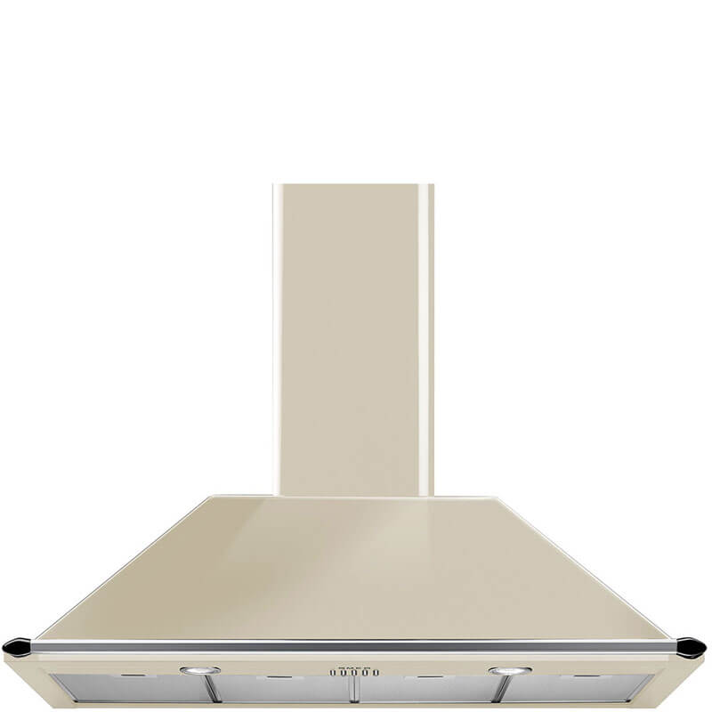 Smeg 110cm Wallmount Canopy Rangehood – Cream | KT110PA. A sleek cream-colored rangehood with a smooth finish, ideal for modern kitchens. Part of Smeg's range of major appliances.