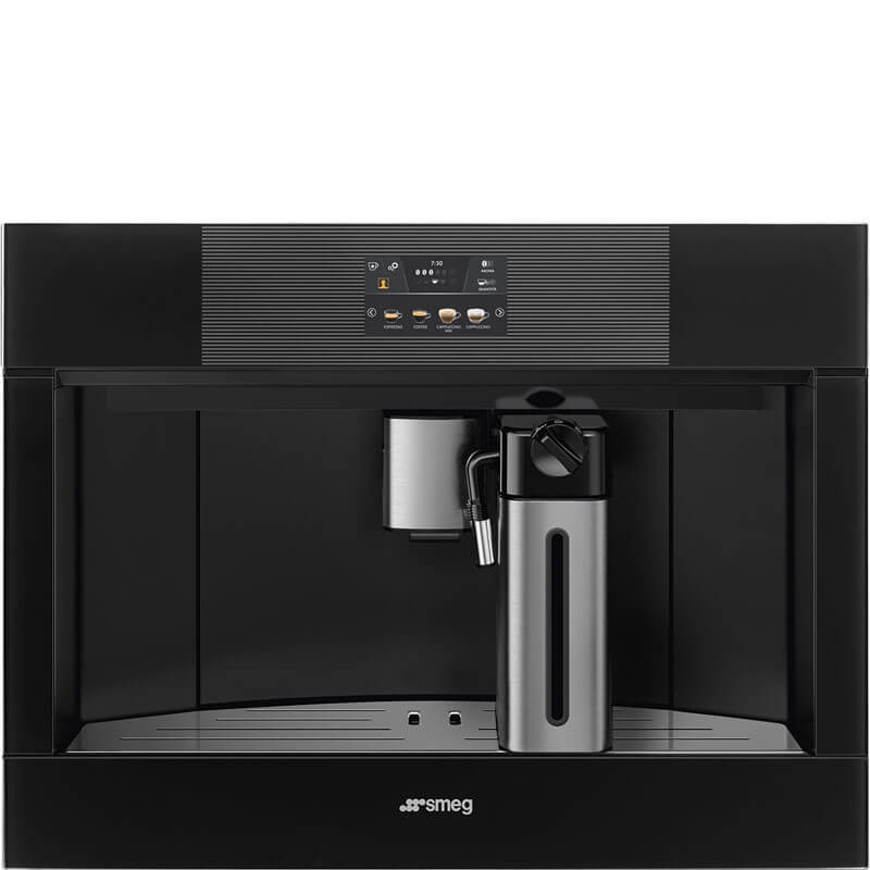 Smeg Linea Coffee Maker Frameless Black CMS4104B3 - A sleek black built-in coffee machine designed for modern kitchens.