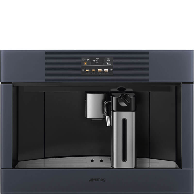 Smeg Linea Coffee Maker Frameless Grey CMS4104G - a sleek built-in kitchen appliance with a frameless design, featuring a modern grey finish, touch controls, and multiple coffee options.