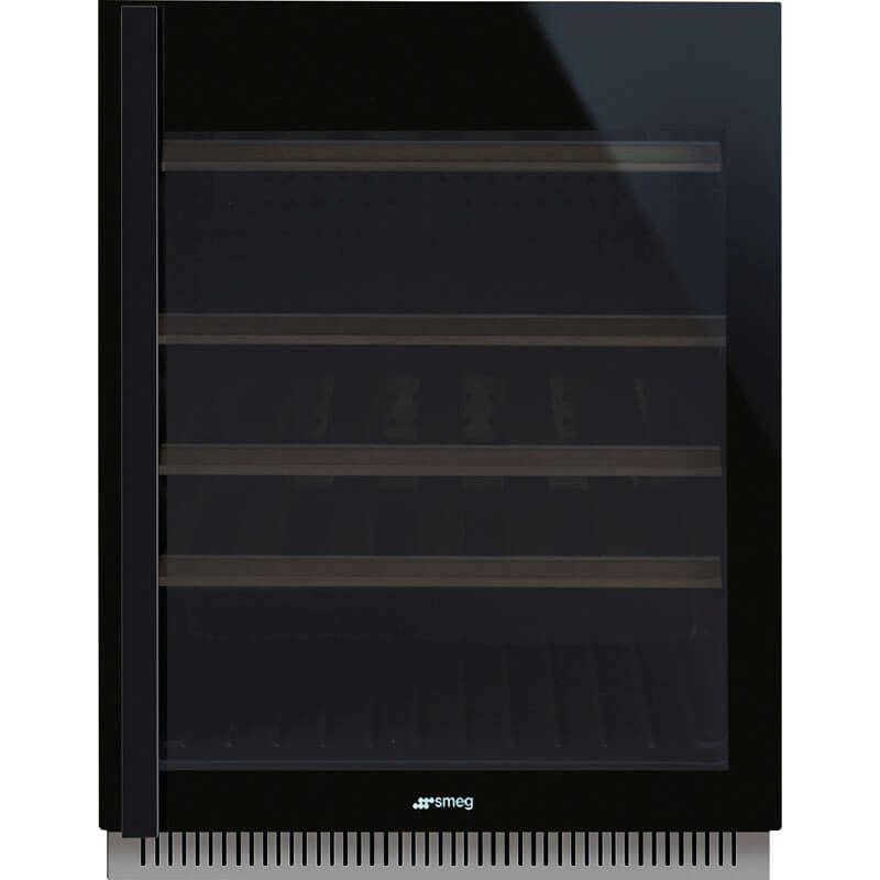 Smeg Dolce Stil Novo 82cm 38 Bottle Wine Cooler in black (CVI638RN3), featuring a right-hand hinge, displayed in a modern kitchen setting.