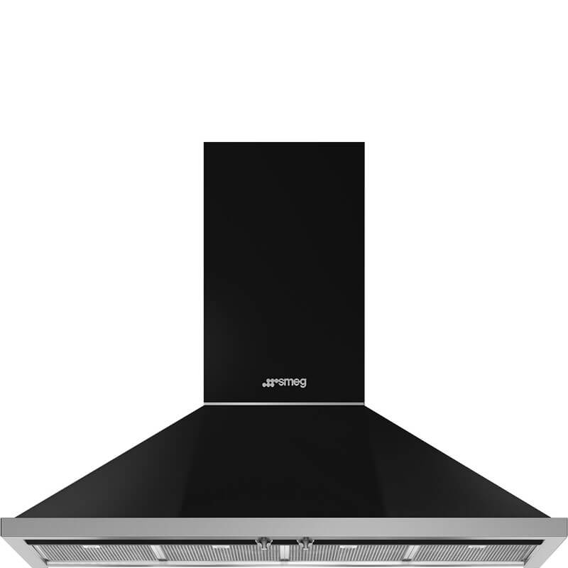 Smeg 120cm Wallmount Rangehood KPFA12BL in sleek black finish, showcasing modern design and high-performance kitchen ventilation.