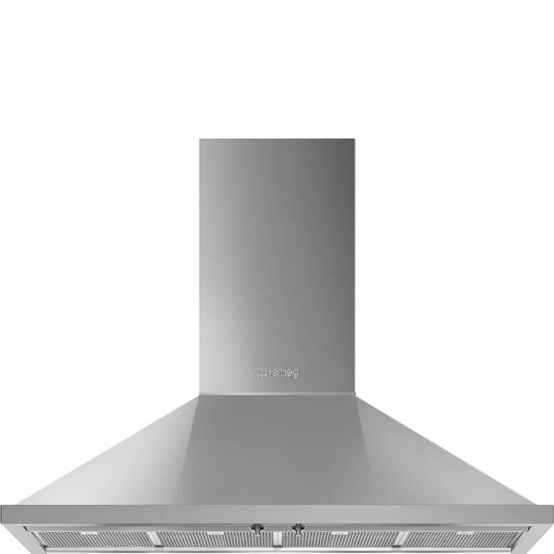 Smeg 120cm Wallmount Rangehood KPFA12X in sleek stainless steel finish, a high-quality kitchen appliance designed for modern homes.