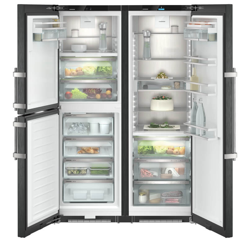 Liebherr BluPerformance side-by-side fridge, featuring innovative cooling and ample storage capacity