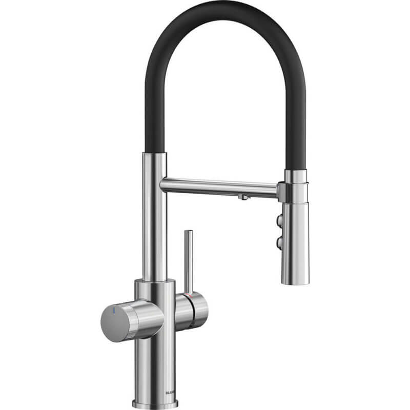 Blanco Steel - 527664 3-in-1 Mixer tap in Semi-Professional design for filtered hot and cold water PVD steel and black | CATRIS-S FLEXO FILTER TAP PVD