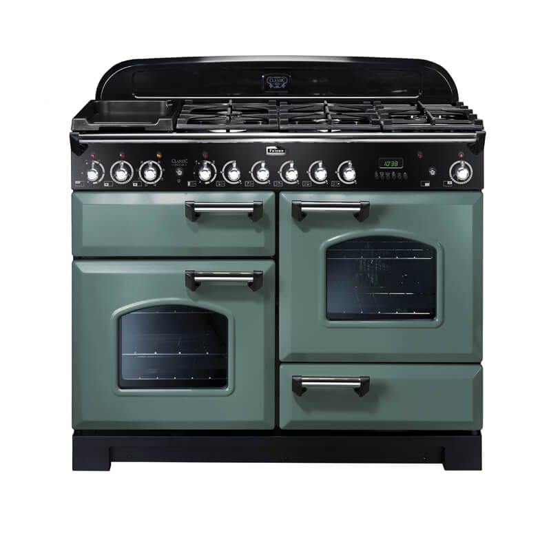 Falcon Classic Deluxe 110cm Mineral Green & Chrome Dual Fuel Range Cooker | CDL110DFMG-CH
