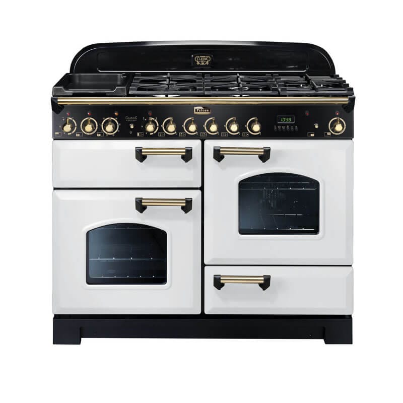 Falcon Classic Deluxe 110cm White & Brass Dual Fuel Range Cooker | CDL110DFWH-BR