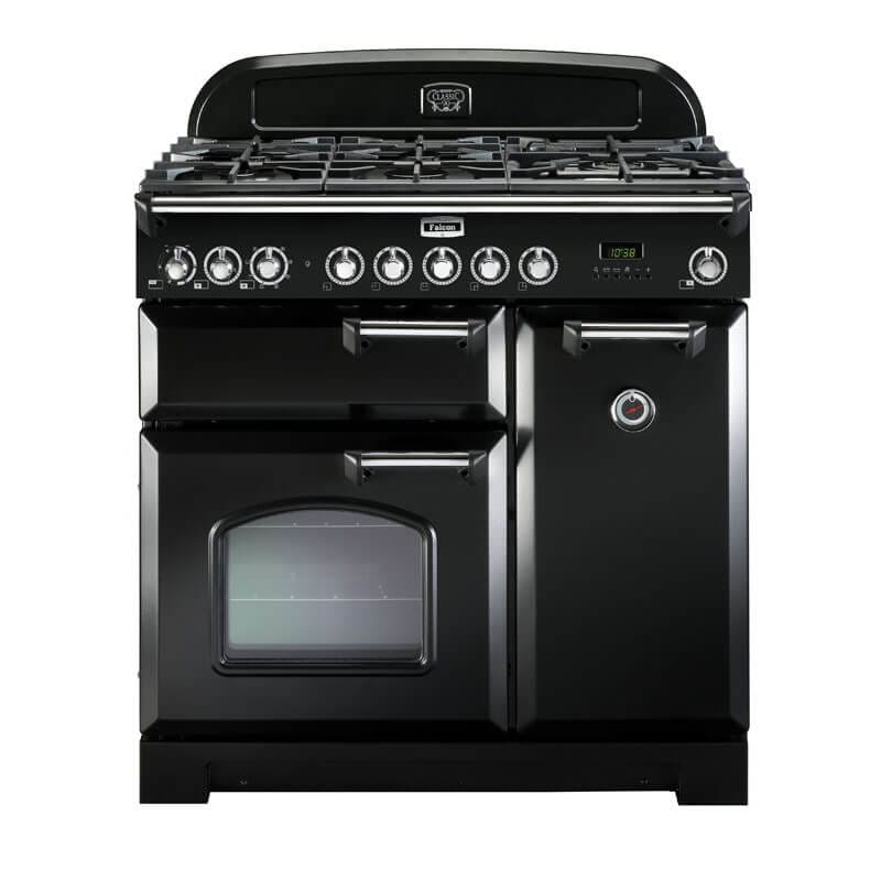 Falcon Classic Deluxe 90cm Black & Chrome Dual Fuel Range Cooker | CDL90DFBL-CH