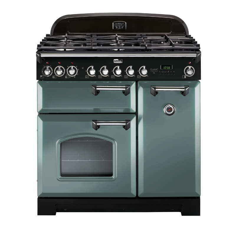 Falcon Classic Deluxe 90cm Mineral Green & Chrome Dual Fuel Range Cooker | CDL90DFMG-CH