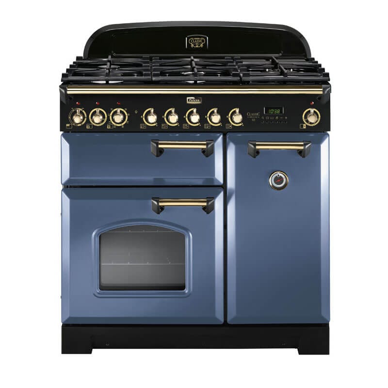 Falcon Classic Deluxe 90cm Stone Blue & Brass Dual Fuel Range Cooker | CDL90DFSB-BR