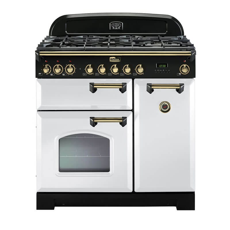 Falcon Classic Deluxe 90cm White & Brass Dual Fuel Range Cooker | CDL90DFWH-BR