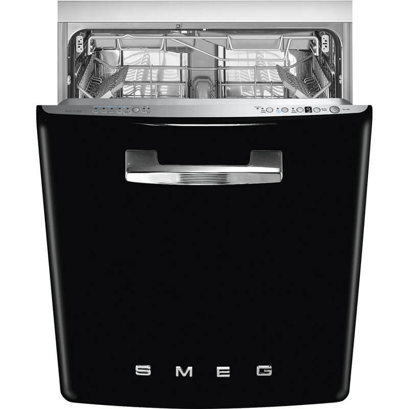 Smeg dishwasher in sleek black design, premium kitchen appliances from the Smeg brand for modern dishwashing solutions.