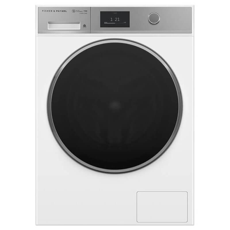 Fisher Paykel front-loader washing machine in white, modern digital controls visible — a high-performance clothes washer / washer-dryer combo smart appliance.