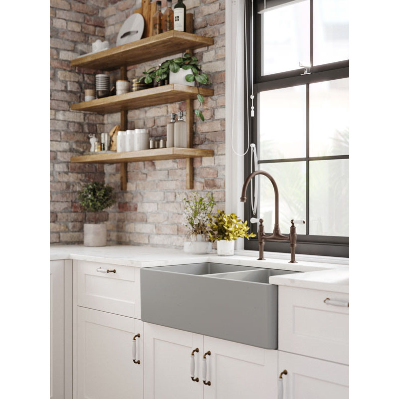Turner Hastings Novi 85x46 Double Bowl Fireclay Butler Sink - Concrete Look Incl. Waste | NO854FS-CL - Image 3